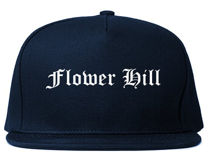Flower Hill New York NY Old English Mens Snapback Hat Navy Blue