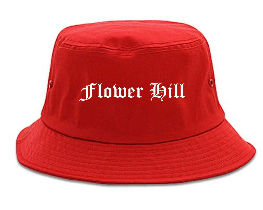 Flower Hill New York NY Old English Mens Bucket Hat Red