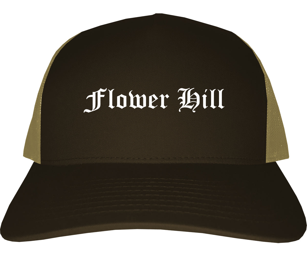 Flower Hill New York NY Old English Mens Trucker Hat Cap Brown