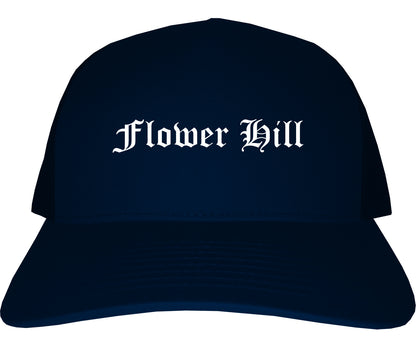 Flower Hill New York NY Old English Mens Trucker Hat Cap Navy Blue