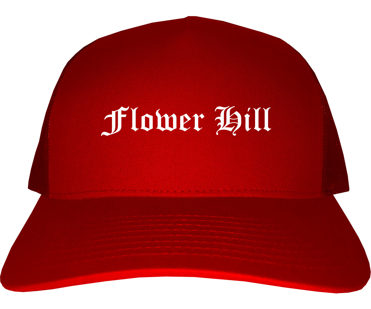 Flower Hill New York NY Old English Mens Trucker Hat Cap Red