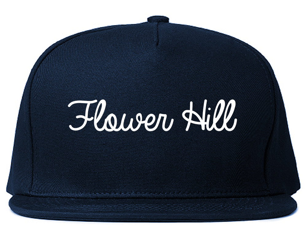 Flower Hill New York NY Script Mens Snapback Hat Navy Blue