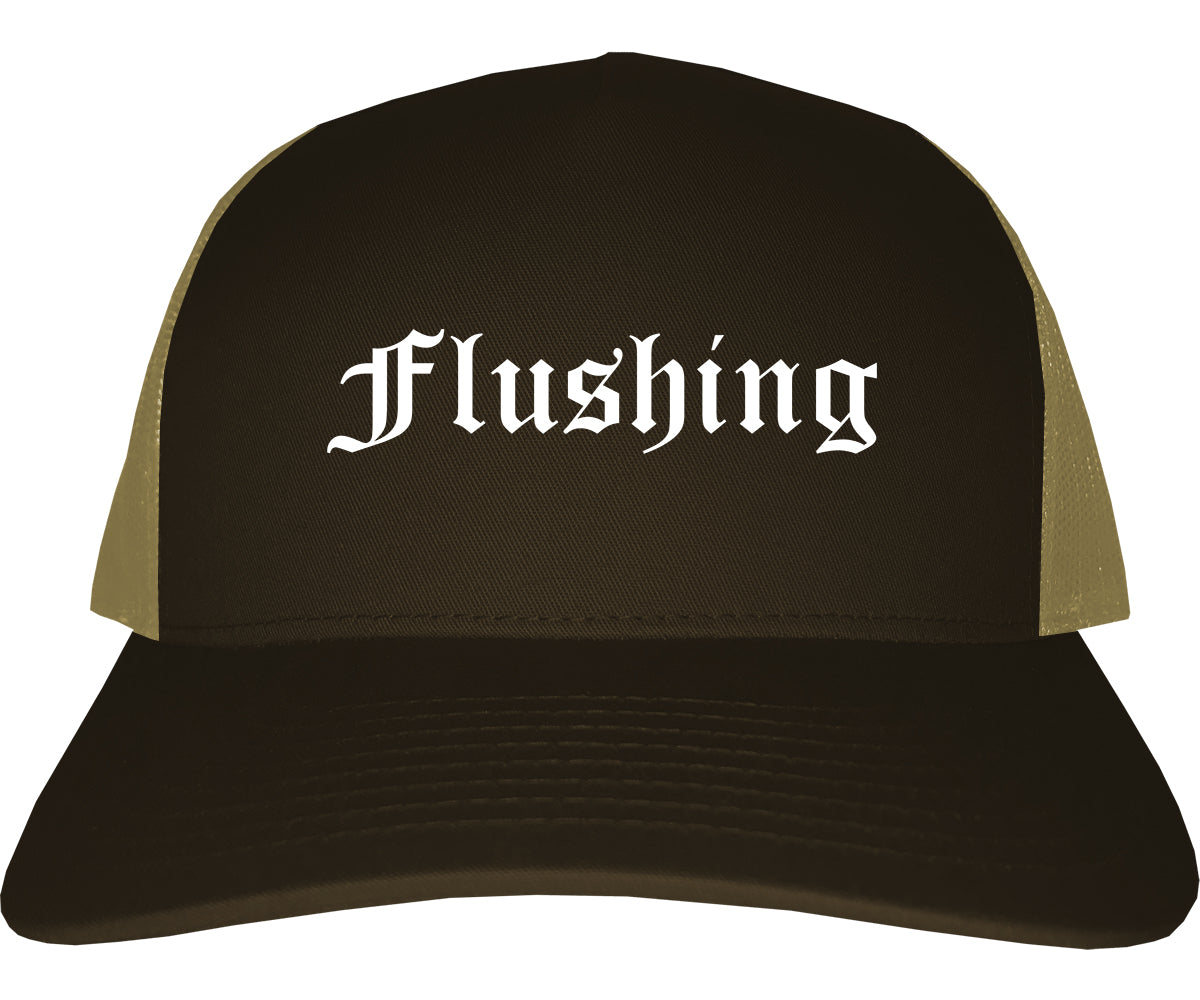 Flushing Michigan MI Old English Mens Trucker Hat Cap Brown
