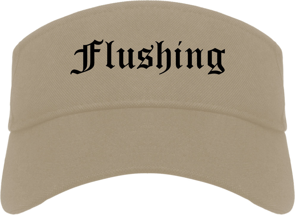 Flushing Michigan MI Old English Mens Visor Cap Hat Khaki
