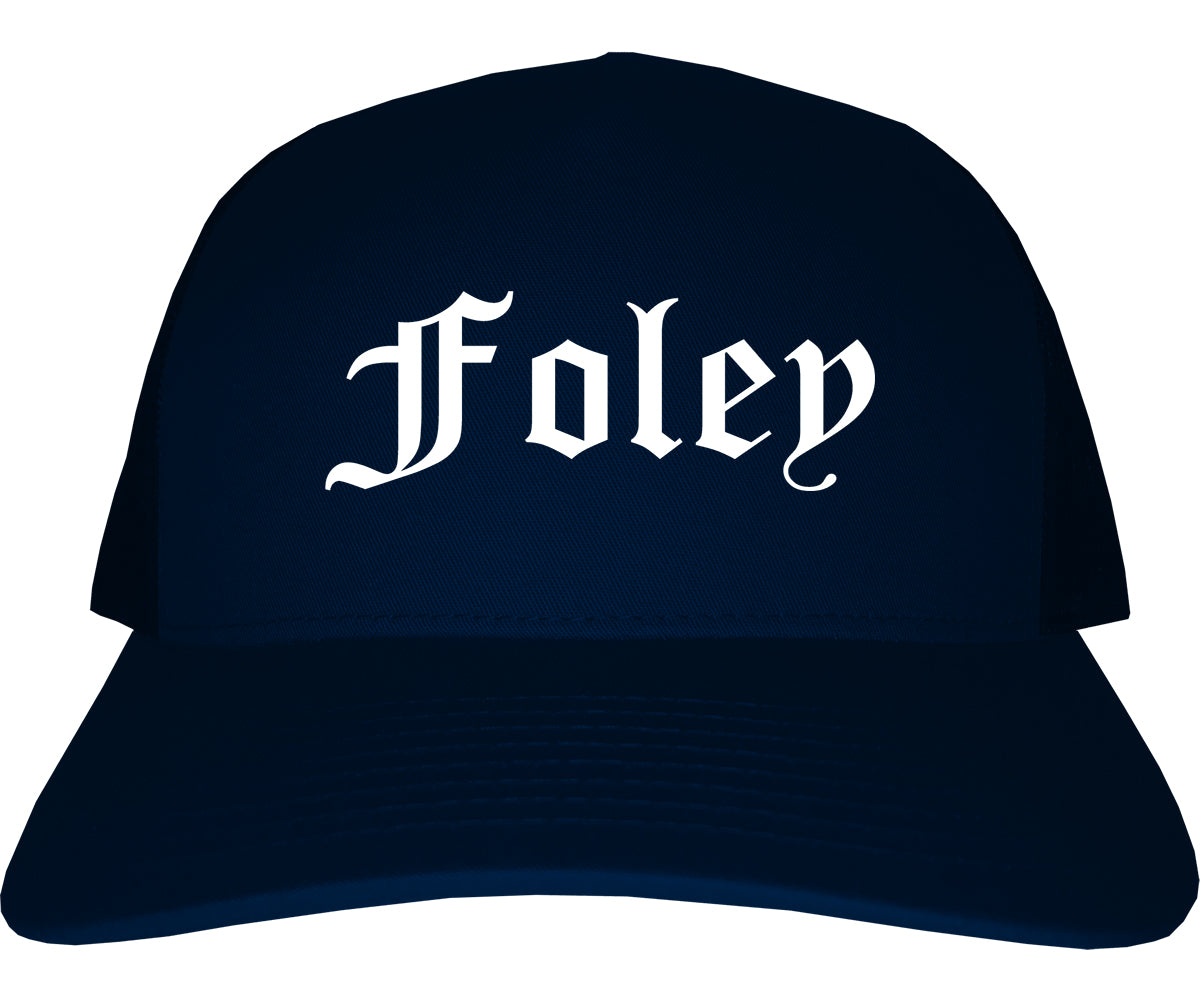 Foley Alabama AL Old English Mens Trucker Hat Cap Navy Blue