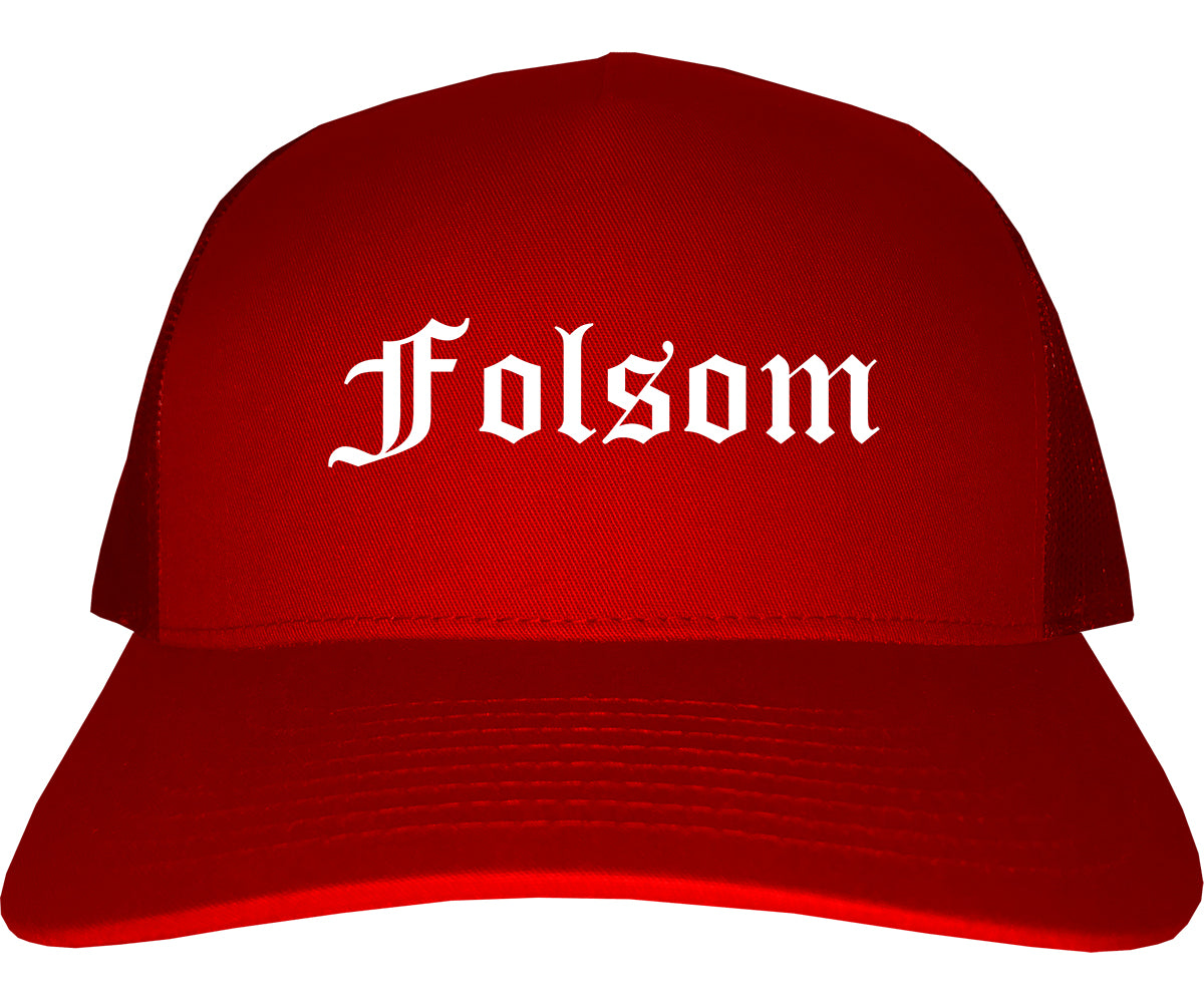 Folsom California CA Old English Mens Trucker Hat Cap Red