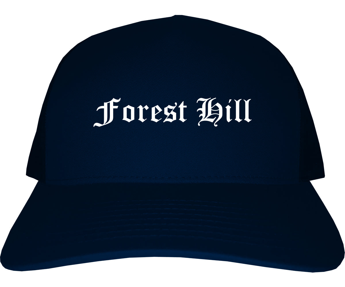 Forest Hill Texas TX Old English Mens Trucker Hat Cap Navy Blue