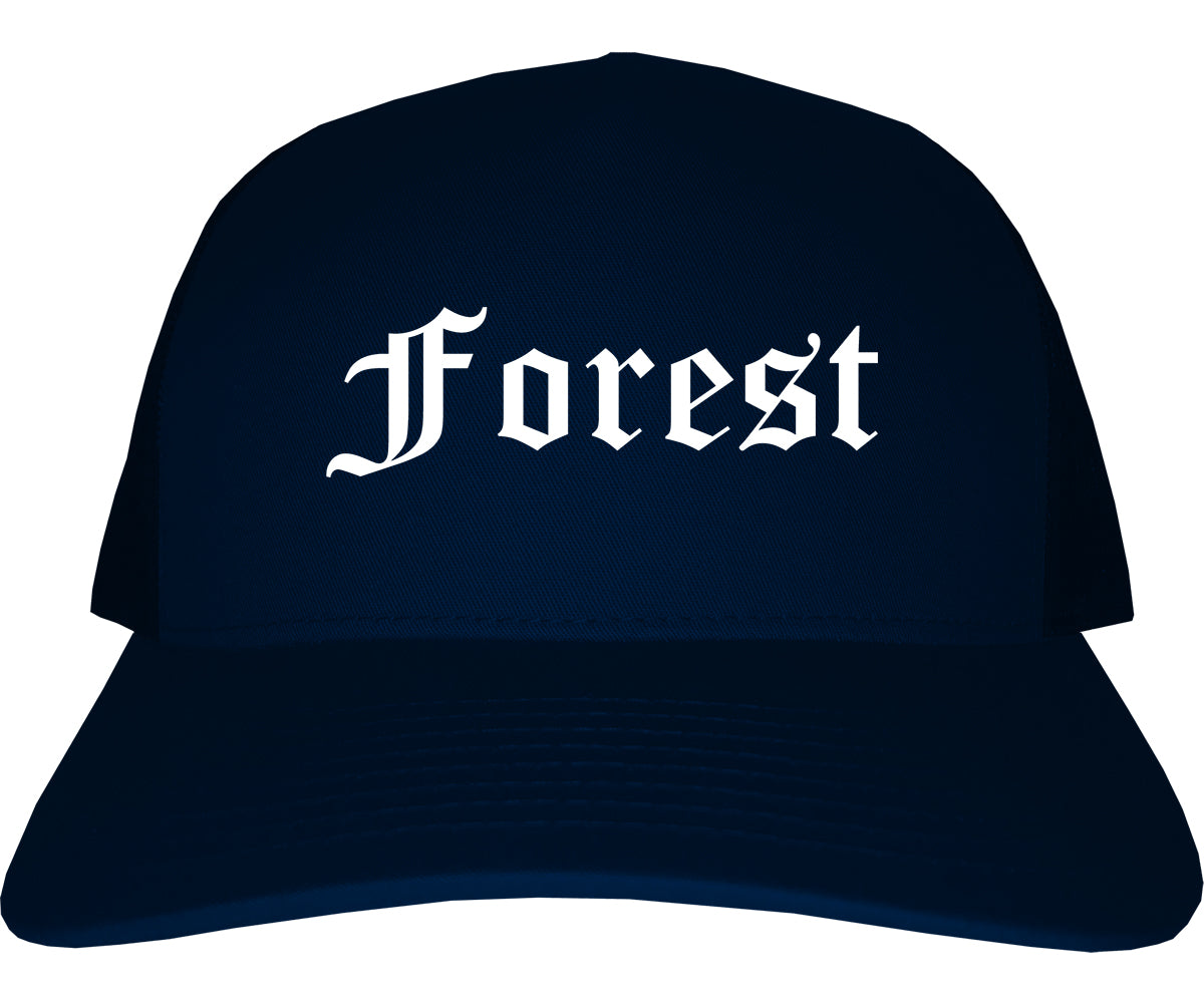 Forest Mississippi MS Old English Mens Trucker Hat Cap Navy Blue