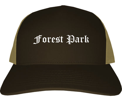 Forest Park Ohio OH Old English Mens Trucker Hat Cap Brown