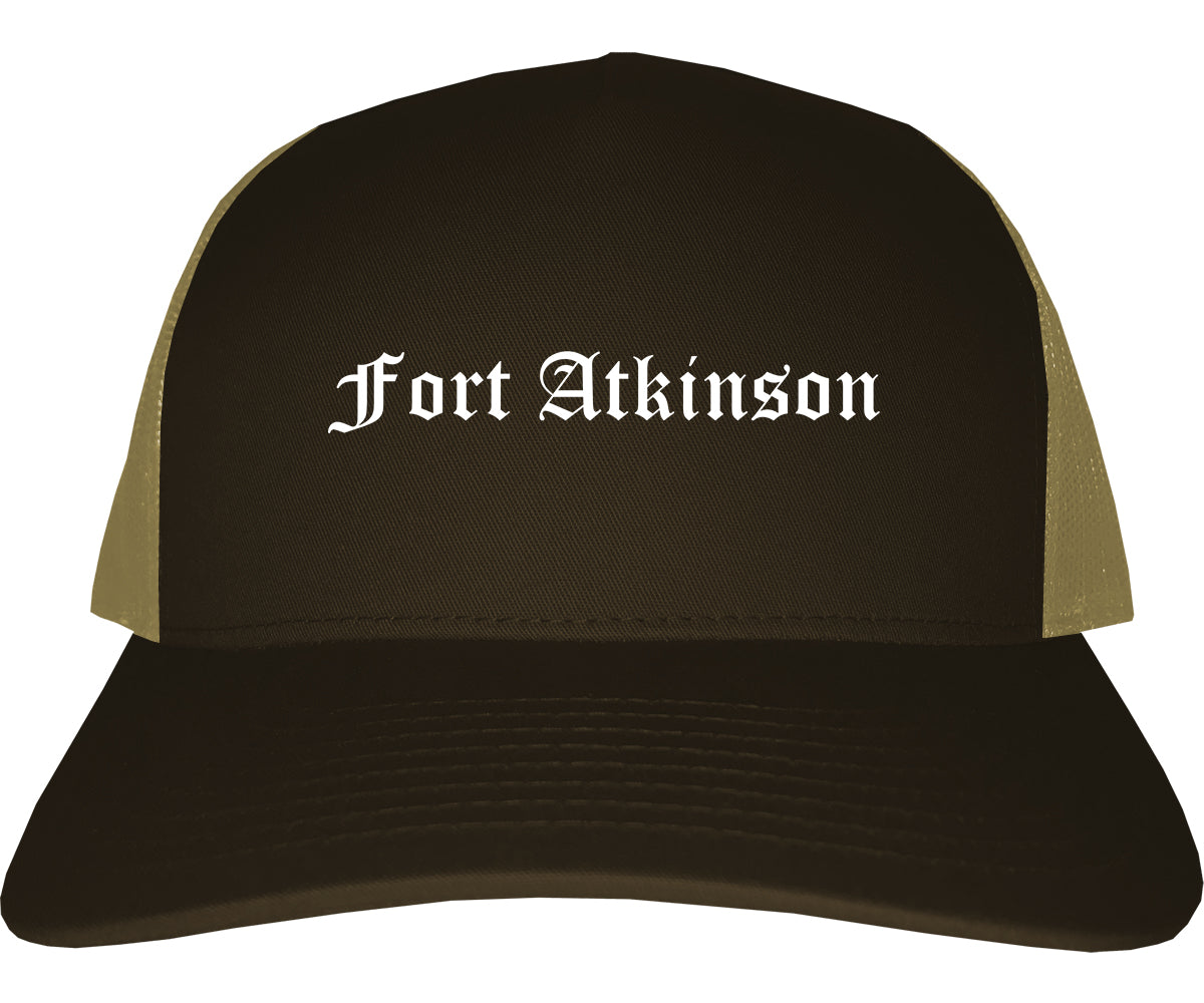 Fort Atkinson Wisconsin WI Old English Mens Trucker Hat Cap Brown