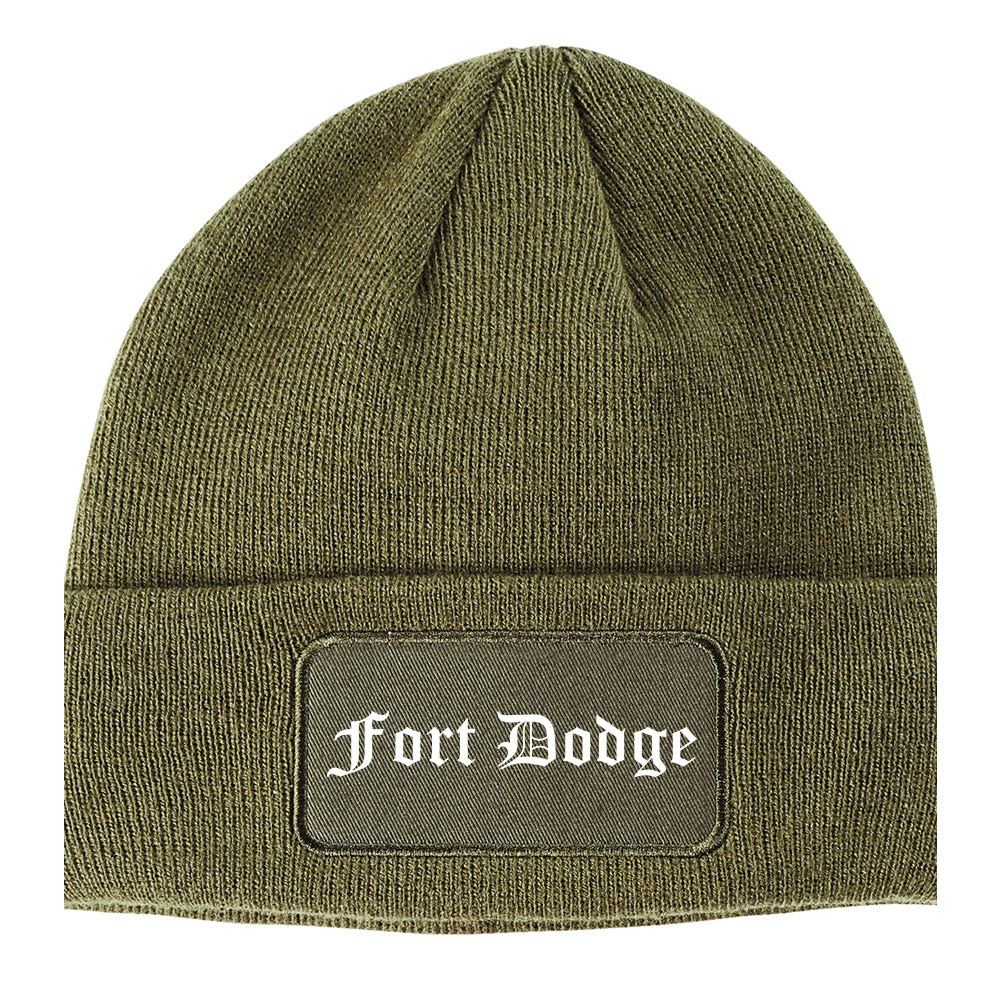 Fort Dodge Iowa IA Old English Mens Knit Beanie Hat Cap Olive Green