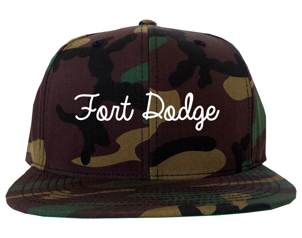 Fort Dodge Iowa IA Script Mens Snapback Hat Army Camo