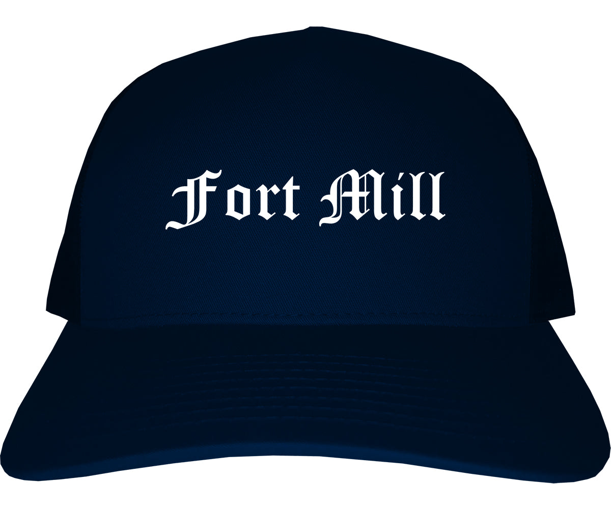 Fort Mill South Carolina SC Old English Mens Trucker Hat Cap Navy Blue