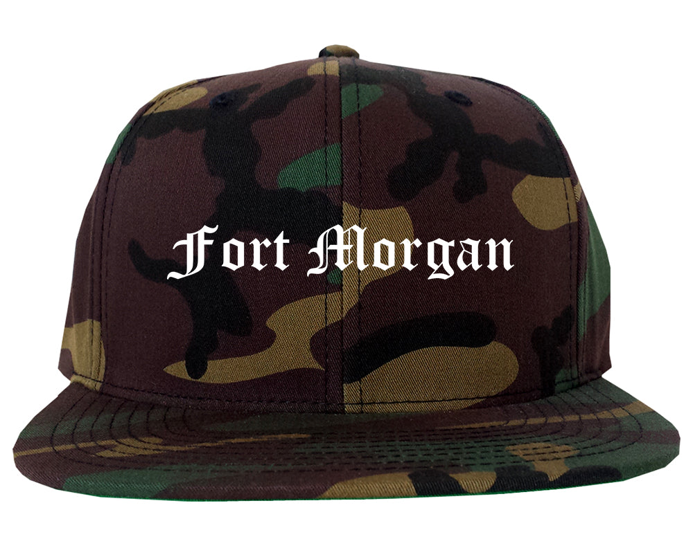 Fort Morgan Colorado CO Old English Mens Snapback Hat Army Camo