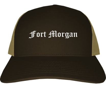 Fort Morgan Colorado CO Old English Mens Trucker Hat Cap Brown