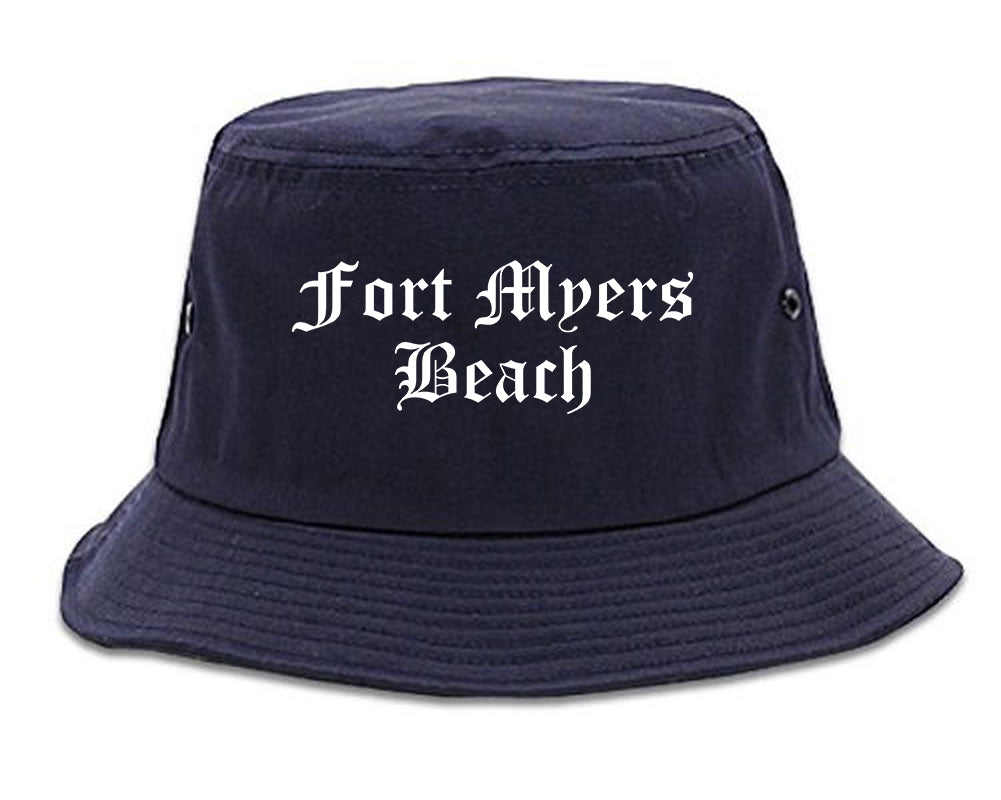 Fort Myers Beach Florida FL Old English Mens Bucket Hat Navy Blue
