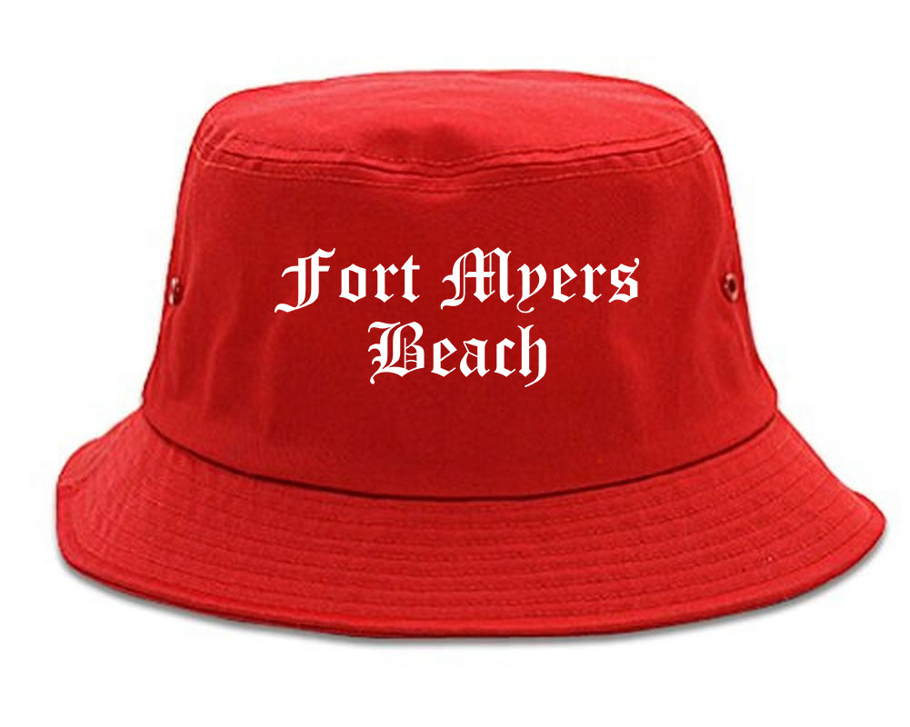 Fort Myers Beach Florida FL Old English Mens Bucket Hat Red
