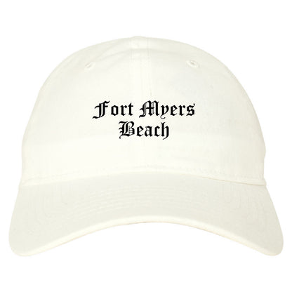 Fort Myers Beach Florida FL Old English Mens Dad Hat Baseball Cap White