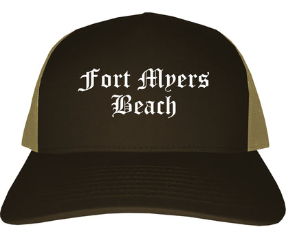 Fort Myers Beach Florida FL Old English Mens Trucker Hat Cap Brown