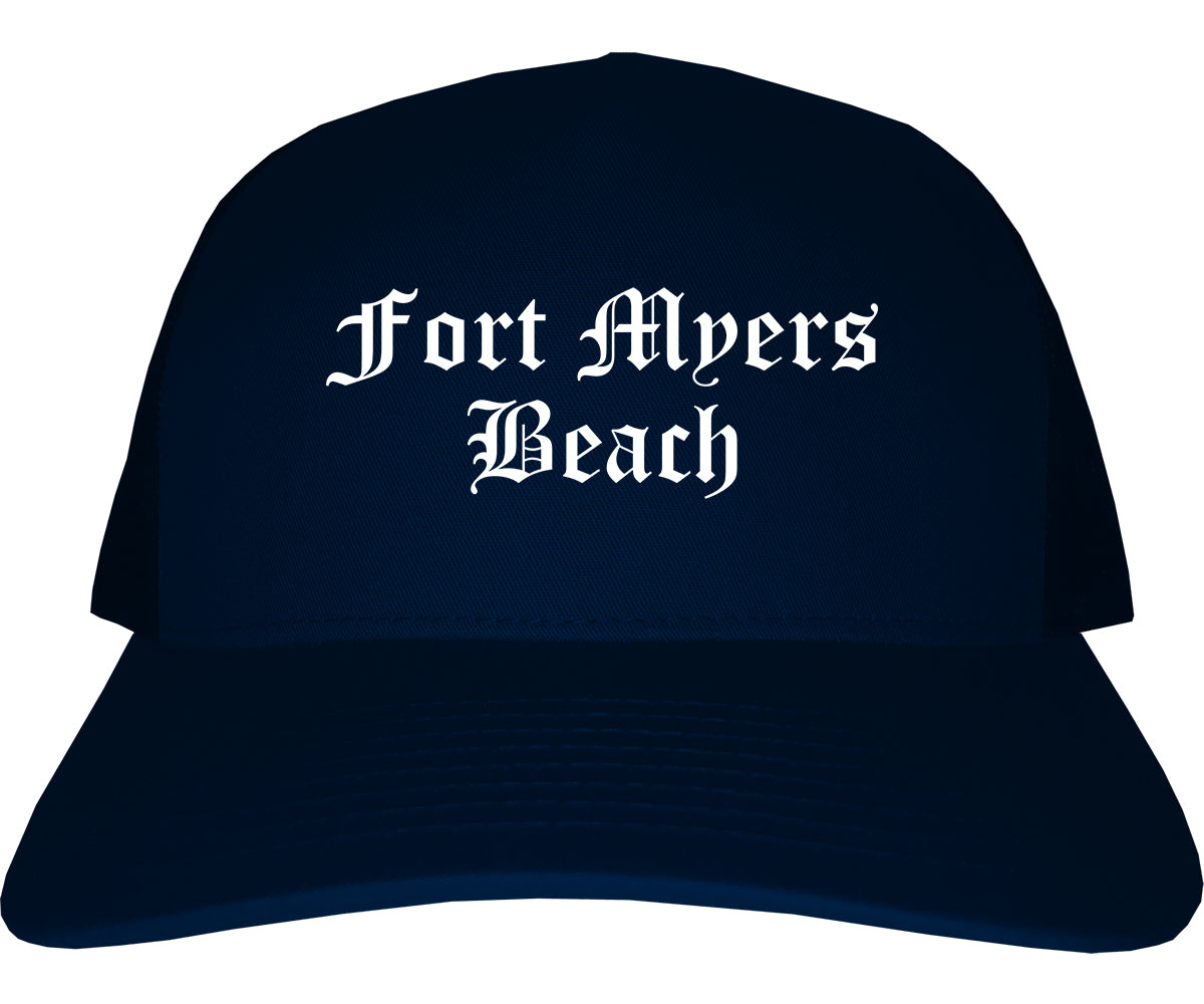 Fort Myers Beach Florida FL Old English Mens Trucker Hat Cap Navy Blue