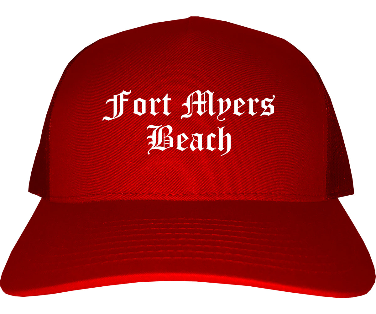 Fort Myers Beach Florida FL Old English Mens Trucker Hat Cap Red