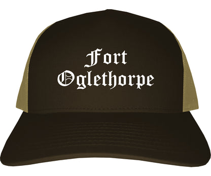 Fort Oglethorpe Georgia GA Old English Mens Trucker Hat Cap Brown