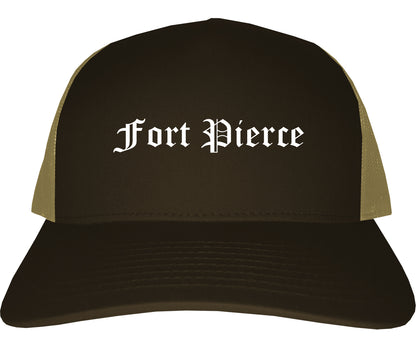 Fort Pierce Florida FL Old English Mens Trucker Hat Cap Brown