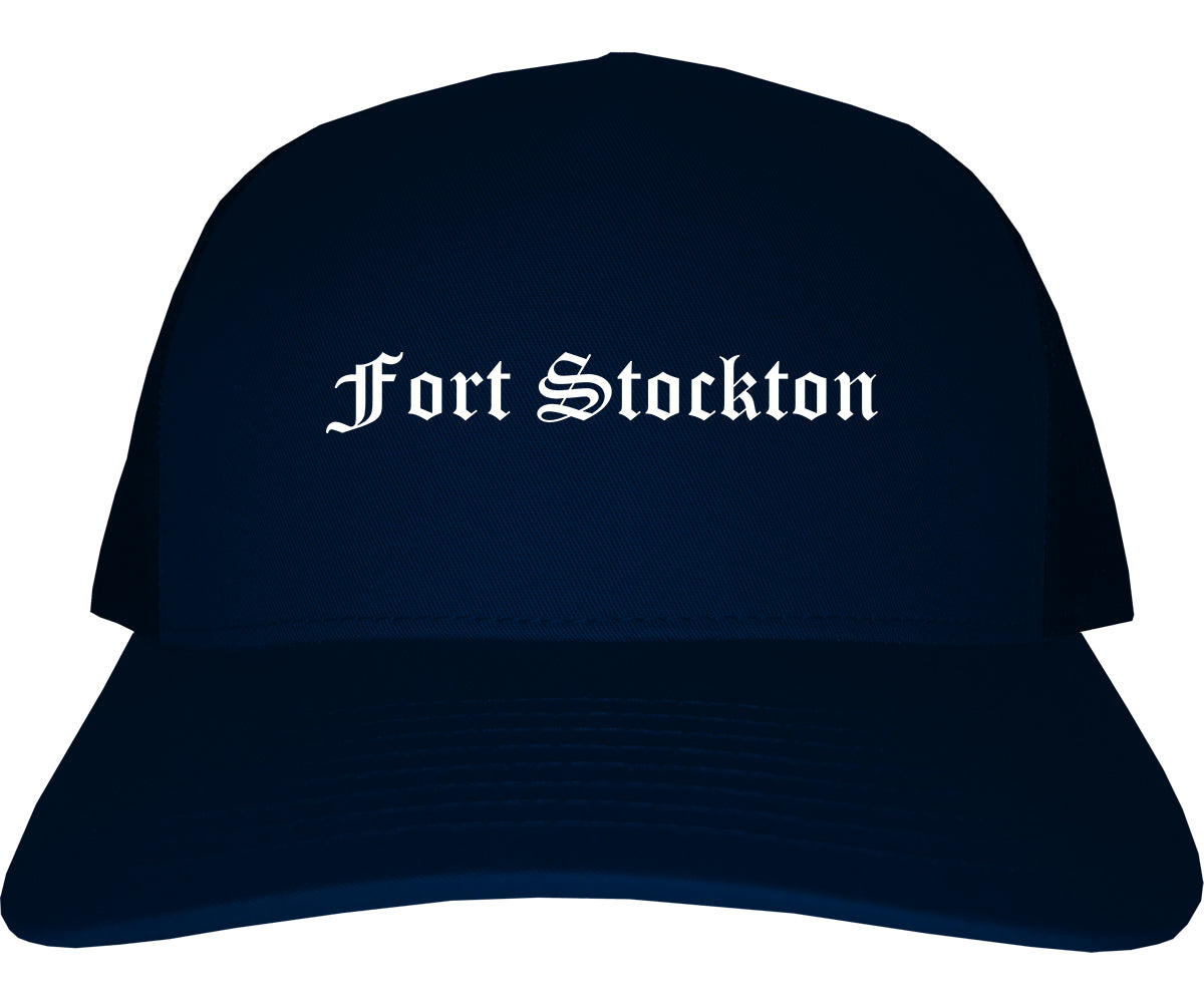 Fort Stockton Texas TX Old English Mens Trucker Hat Cap Navy Blue