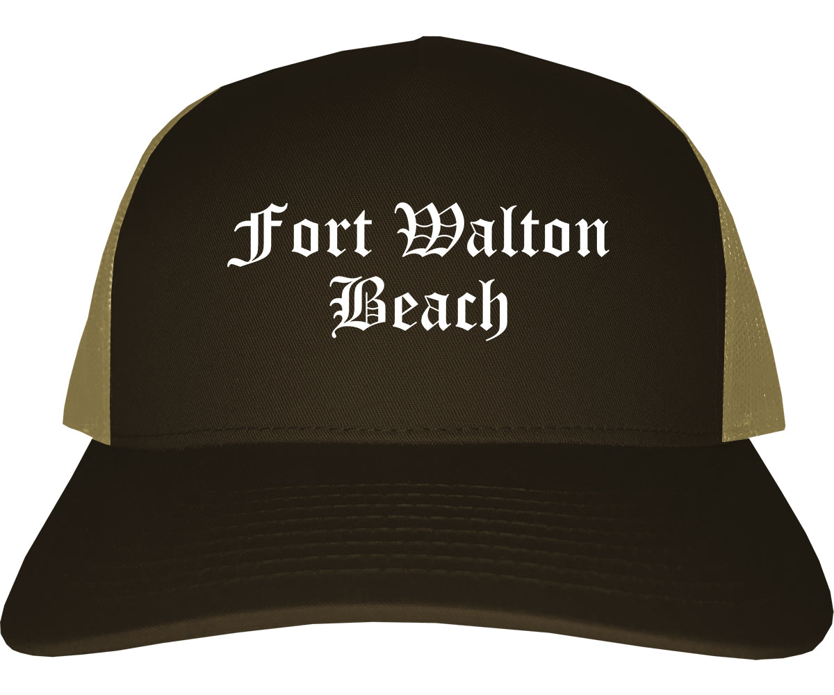 Fort Walton Beach Florida FL Old English Mens Trucker Hat Cap Brown