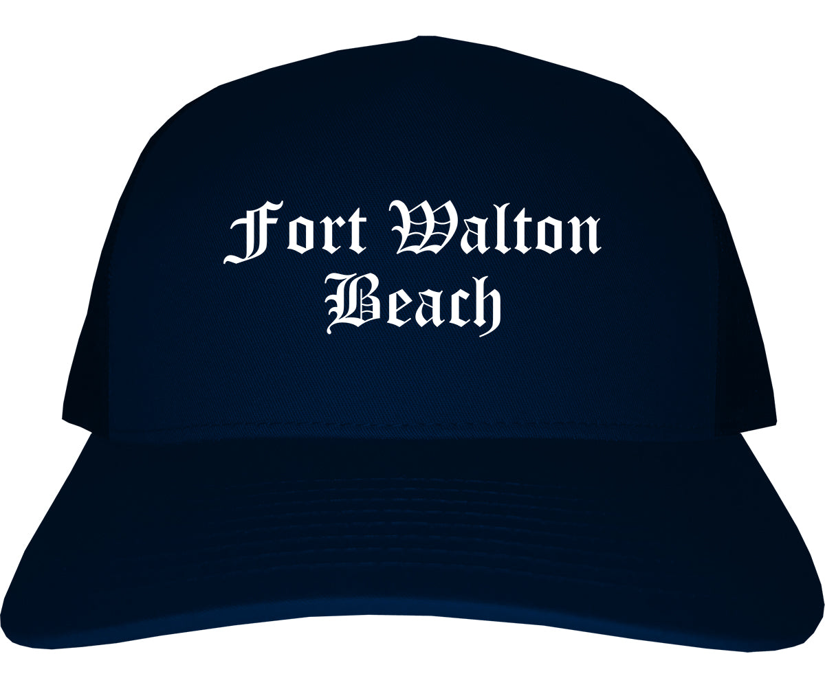Fort Walton Beach Florida FL Old English Mens Trucker Hat Cap Navy Blue