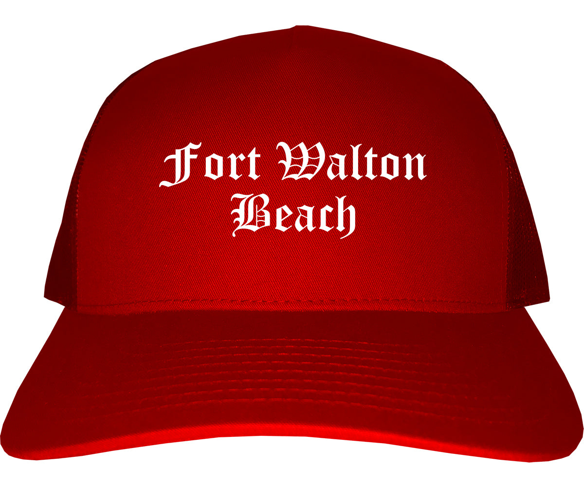 Fort Walton Beach Florida FL Old English Mens Trucker Hat Cap Red
