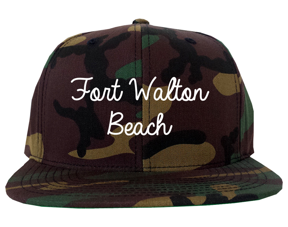 Fort Walton Beach Florida FL Script Mens Snapback Hat Army Camo