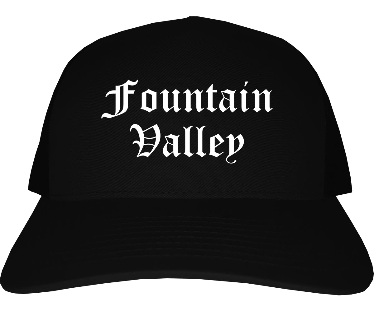 Fountain Valley California CA Old English Mens Trucker Hat Cap Black