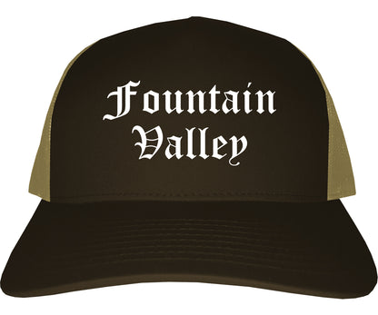 Fountain Valley California CA Old English Mens Trucker Hat Cap Brown