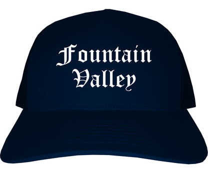Fountain Valley California CA Old English Mens Trucker Hat Cap Navy Blue
