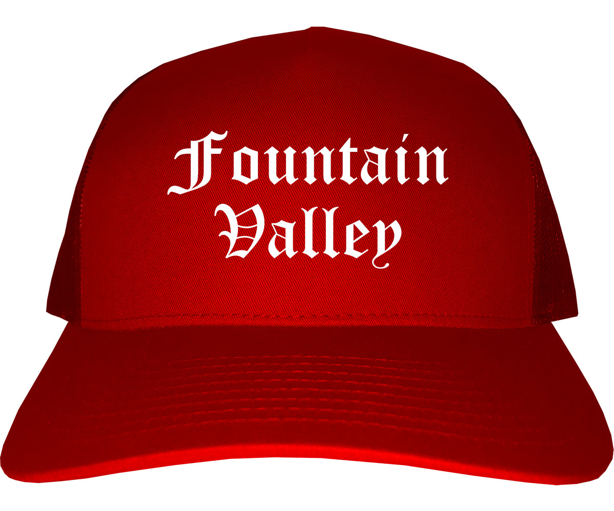 Fountain Valley California CA Old English Mens Trucker Hat Cap Red