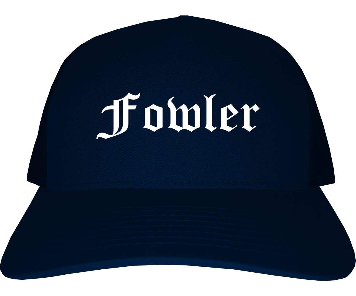 Fowler California CA Old English Mens Trucker Hat Cap Navy Blue