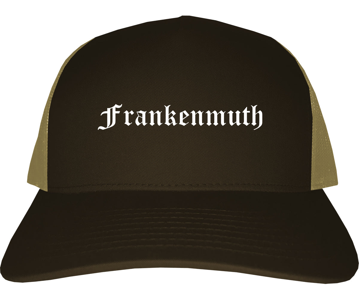 Frankenmuth Michigan MI Old English Mens Trucker Hat Cap Brown