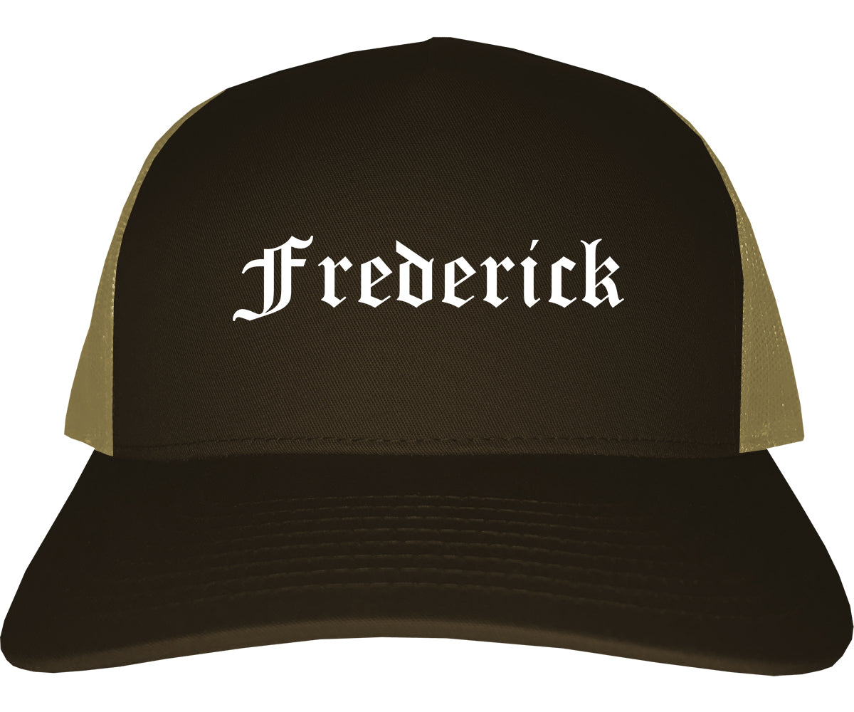 Frederick Maryland MD Old English Mens Trucker Hat Cap Brown