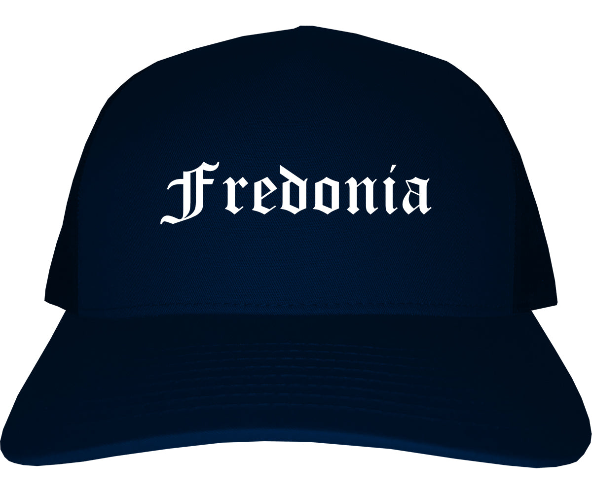 Fredonia New York NY Old English Mens Trucker Hat Cap Navy Blue