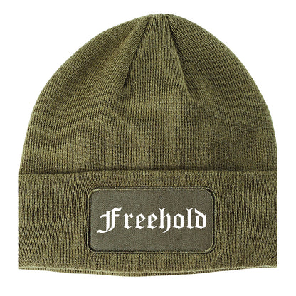 Freehold New Jersey NJ Old English Mens Knit Beanie Hat Cap Olive Green