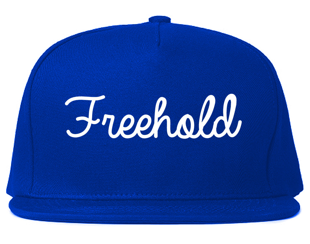 Freehold New Jersey NJ Script Mens Snapback Hat Royal Blue
