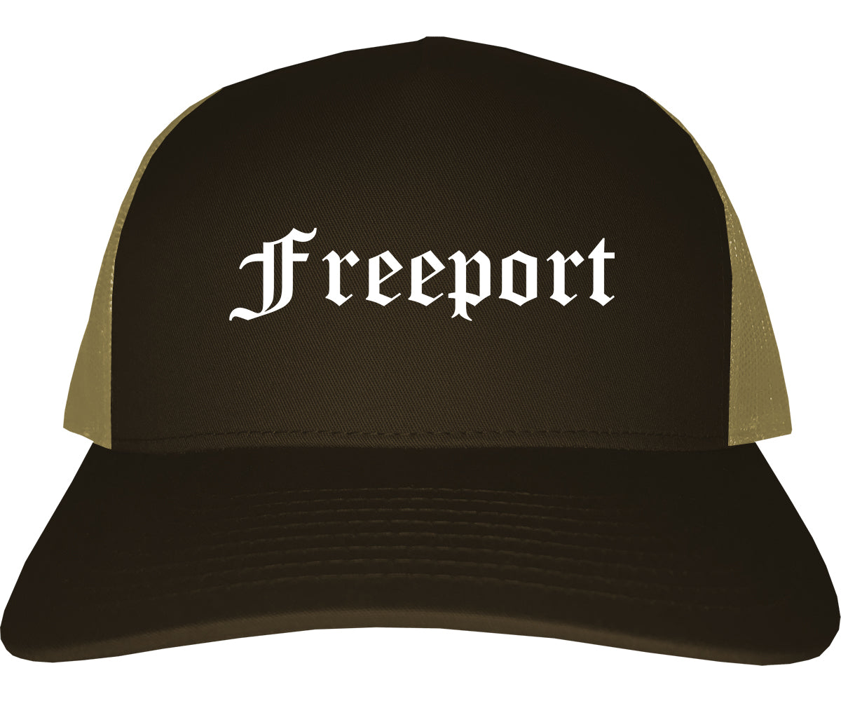 Freeport Illinois IL Old English Mens Trucker Hat Cap Brown