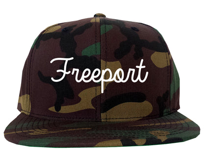 Freeport New York NY Script Mens Snapback Hat Army Camo