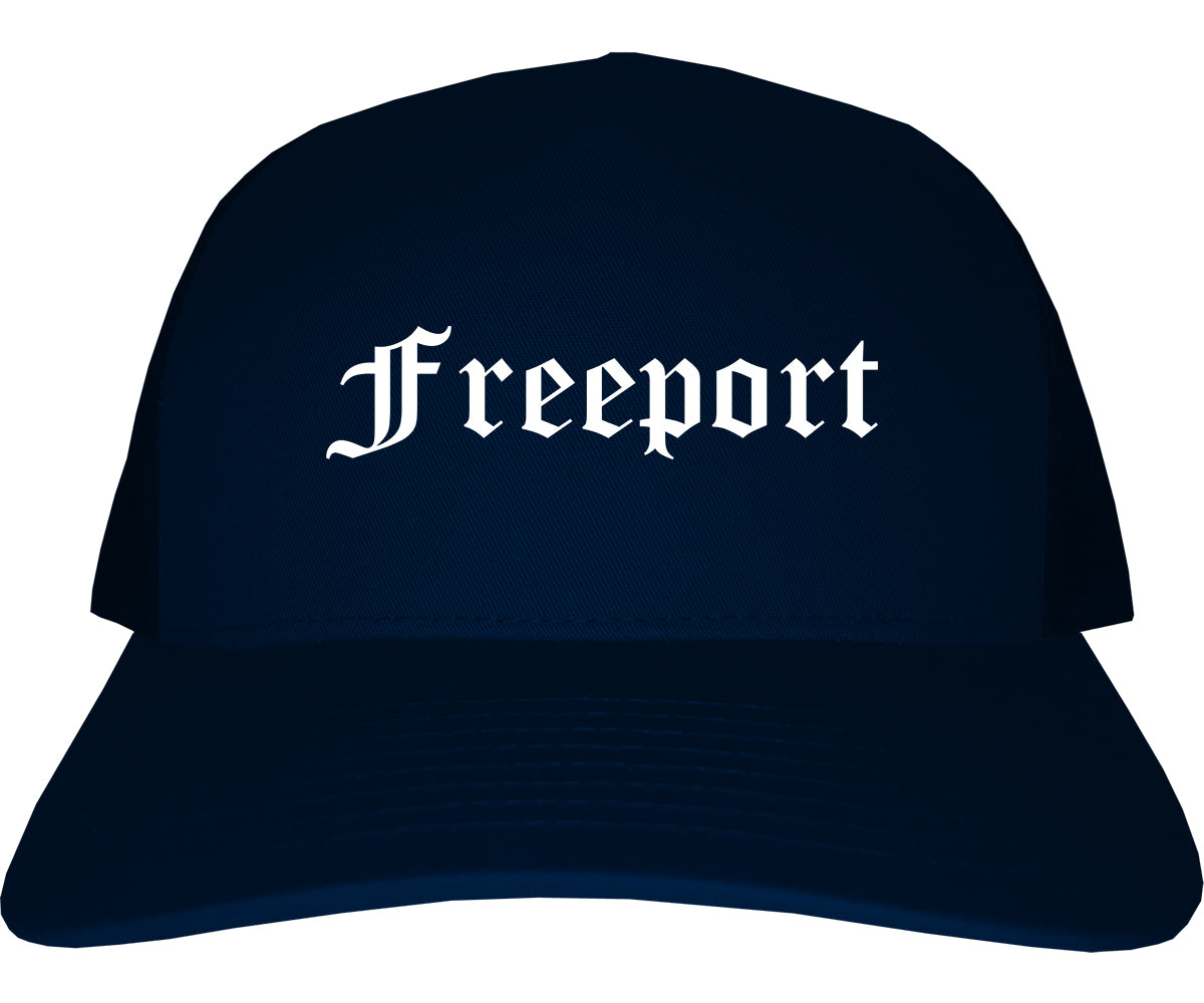 Freeport Texas TX Old English Mens Trucker Hat Cap Navy Blue