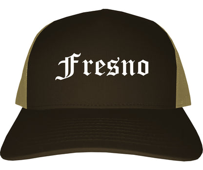Fresno California CA Old English Mens Trucker Hat Cap Brown