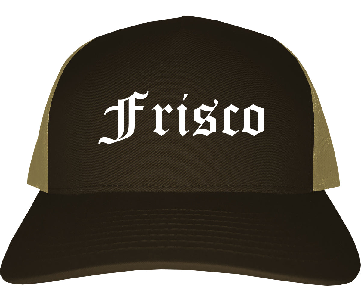 Frisco Texas TX Old English Mens Trucker Hat Cap Brown