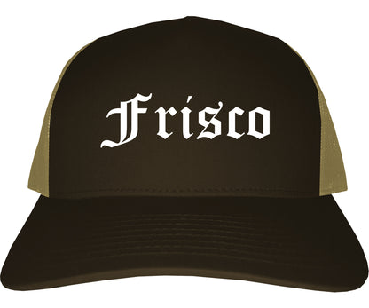 Frisco Texas TX Old English Mens Trucker Hat Cap Brown