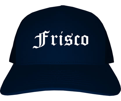 Frisco Texas TX Old English Mens Trucker Hat Cap Navy Blue