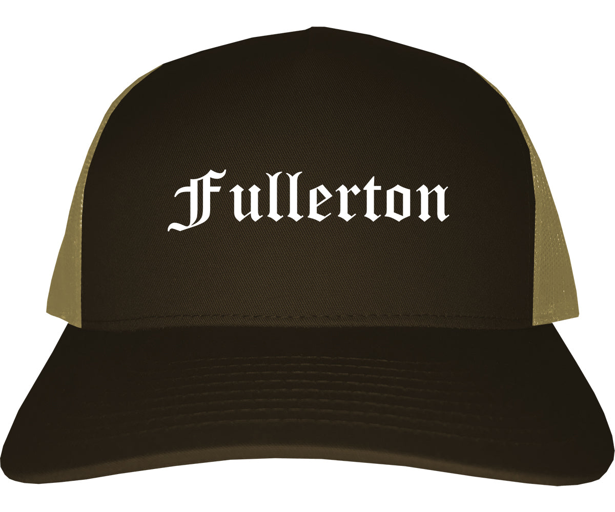 Fullerton California CA Old English Mens Trucker Hat Cap Brown